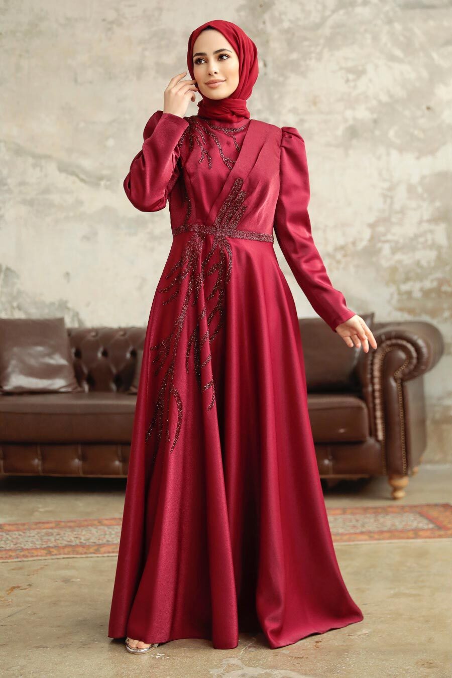 Neva Style - Luxorious Claret Red Islamic Evening Dress 3915BR