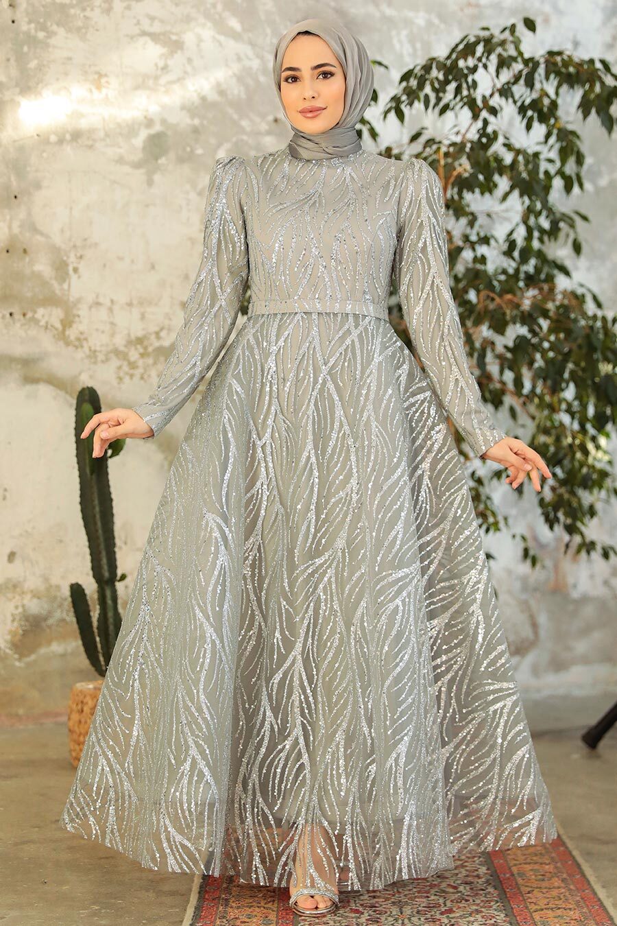Neva Style - Luxorious Grey Hijab Clothing Engagement Dress 22851GR