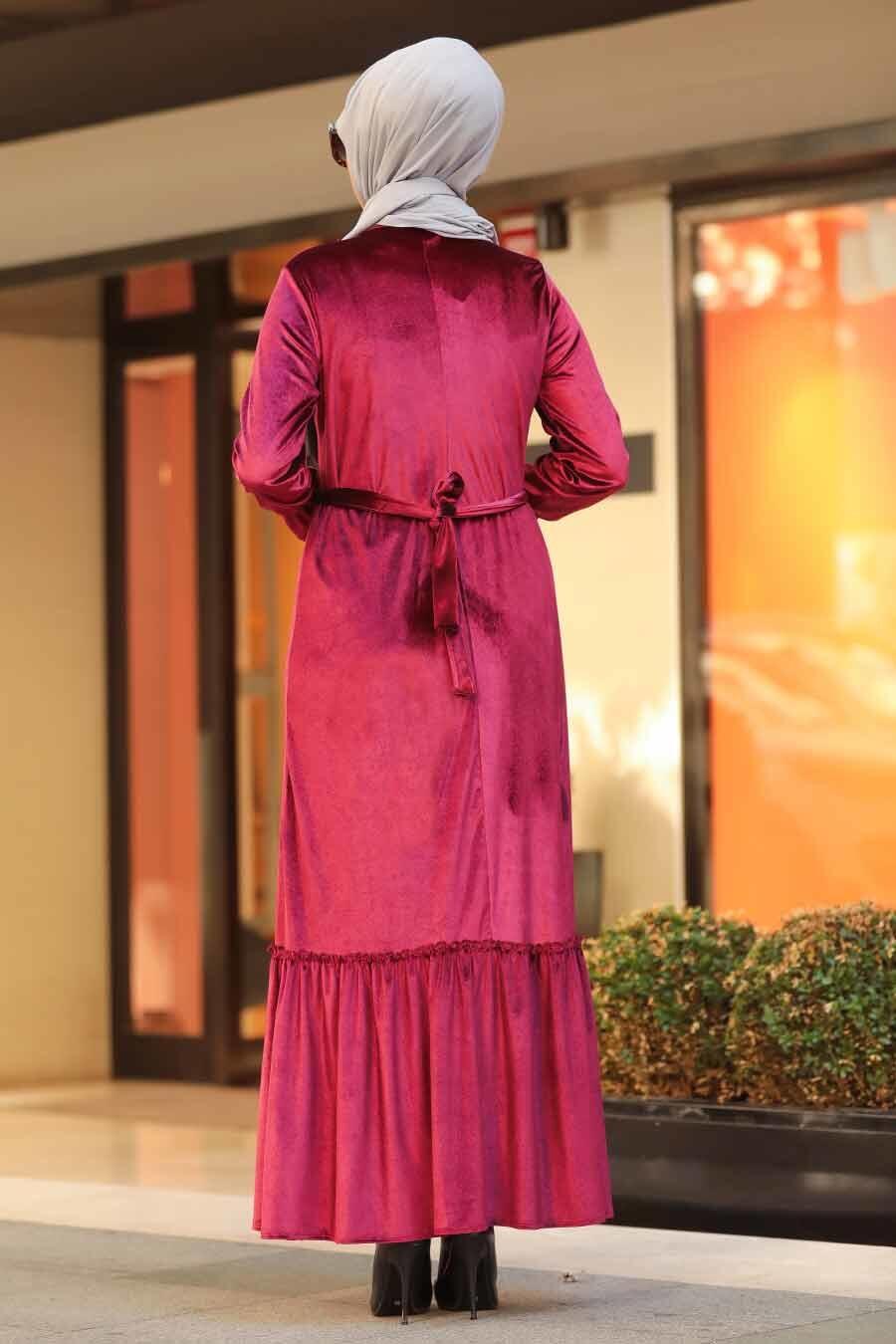 Neva Style - Mahogany Hijab Velvet Dress 50530BR - Tesetturisland.com