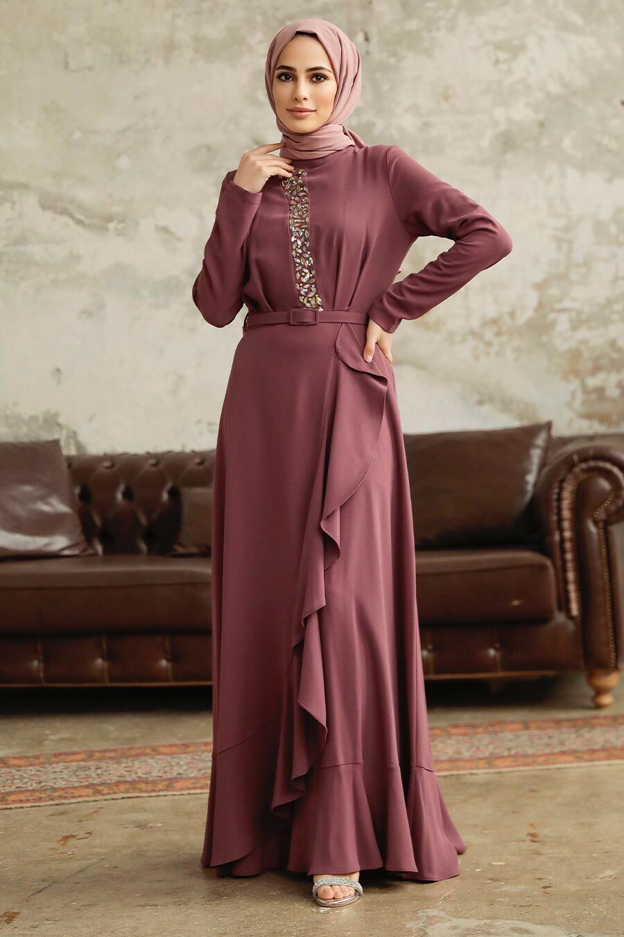 Neva Style - Modern Brown Hijab Wedding Dress 37320KH