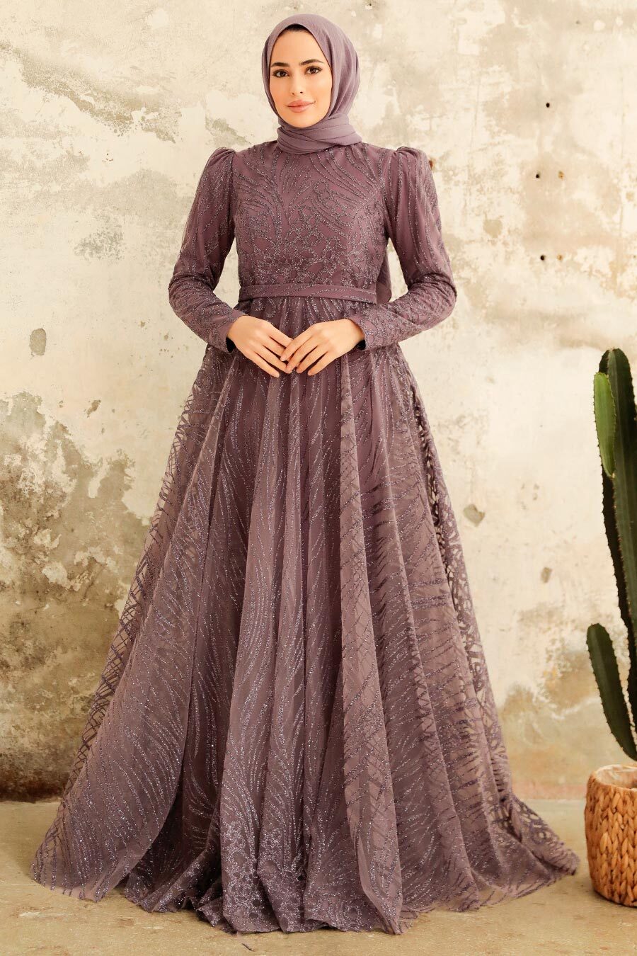 Neva Style - Modern Dark Lila Islamic Clothing Engagement Dress 2294KLILA