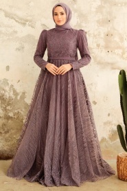 Neva Style - Modern Dark Lila Islamic Clothing Engagement Dress 2294KLILA - Thumbnail