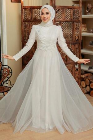 Neva Style - Modern Ecru Islamic Prom Dress 22694E - Thumbnail