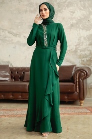 Neva Style - Modern Emerald Green Hijab Wedding Dress 37320ZY - Thumbnail