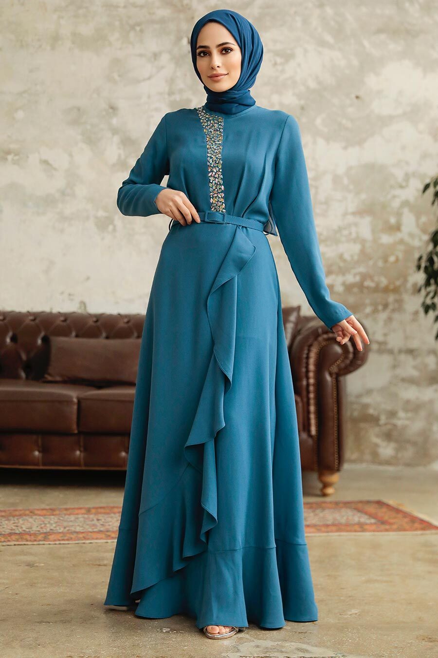 Neva Style - Modern İndigo Blue Hijab Wedding Dress 37320IM