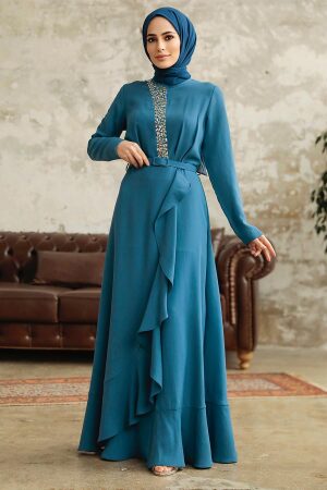 Neva Style - Modern İndigo Blue Hijab Wedding Dress 37320IM - Thumbnail