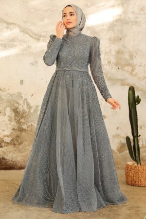 Neva Style - Modern Smoke Color Islamic Clothing Engagement Dress 2294FU - Thumbnail