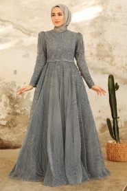 Neva Style - Modern Smoke Color Islamic Clothing Engagement Dress 2294FU - Thumbnail