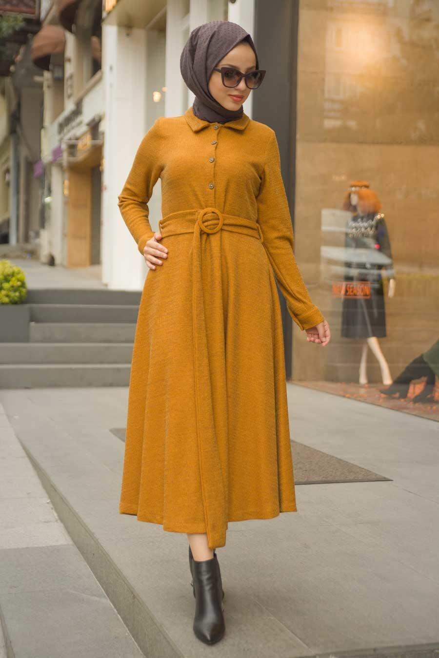 Neva Style Mustard Hijab Dress 1391HR