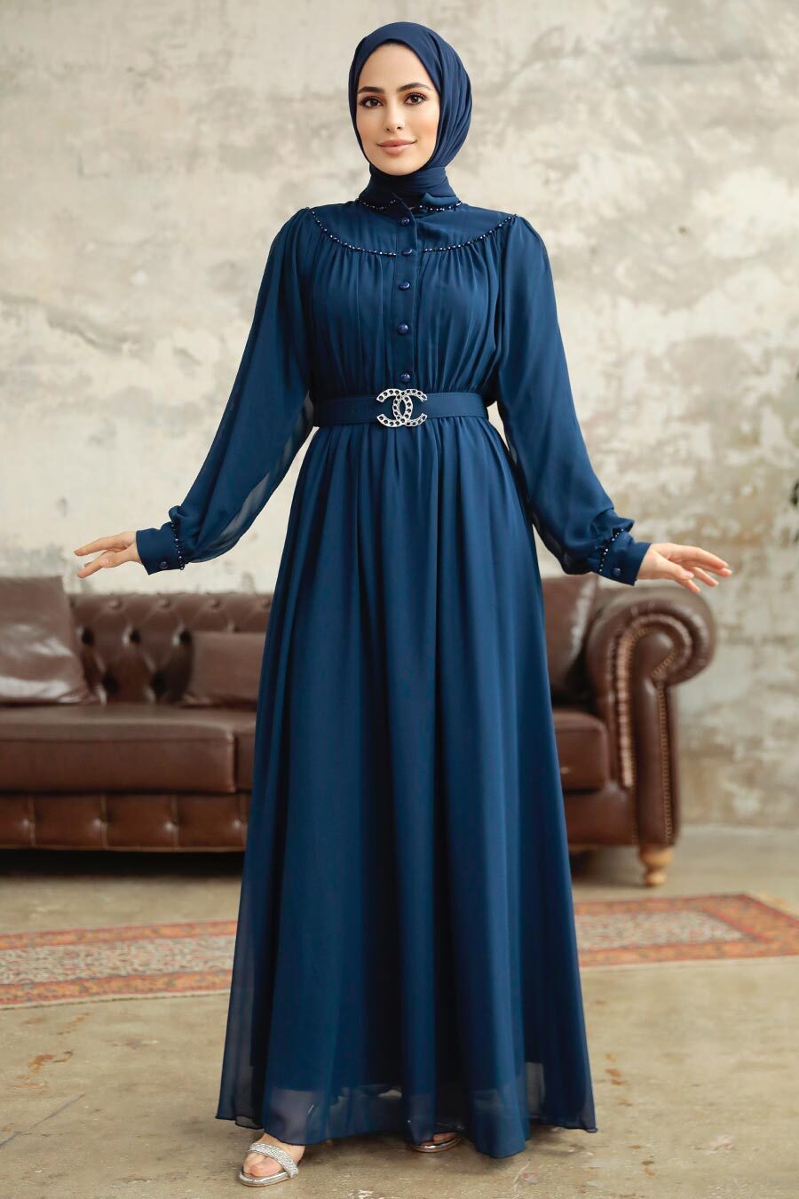 Neva Style - Navy Blue Hijab For Women Dress 33284L