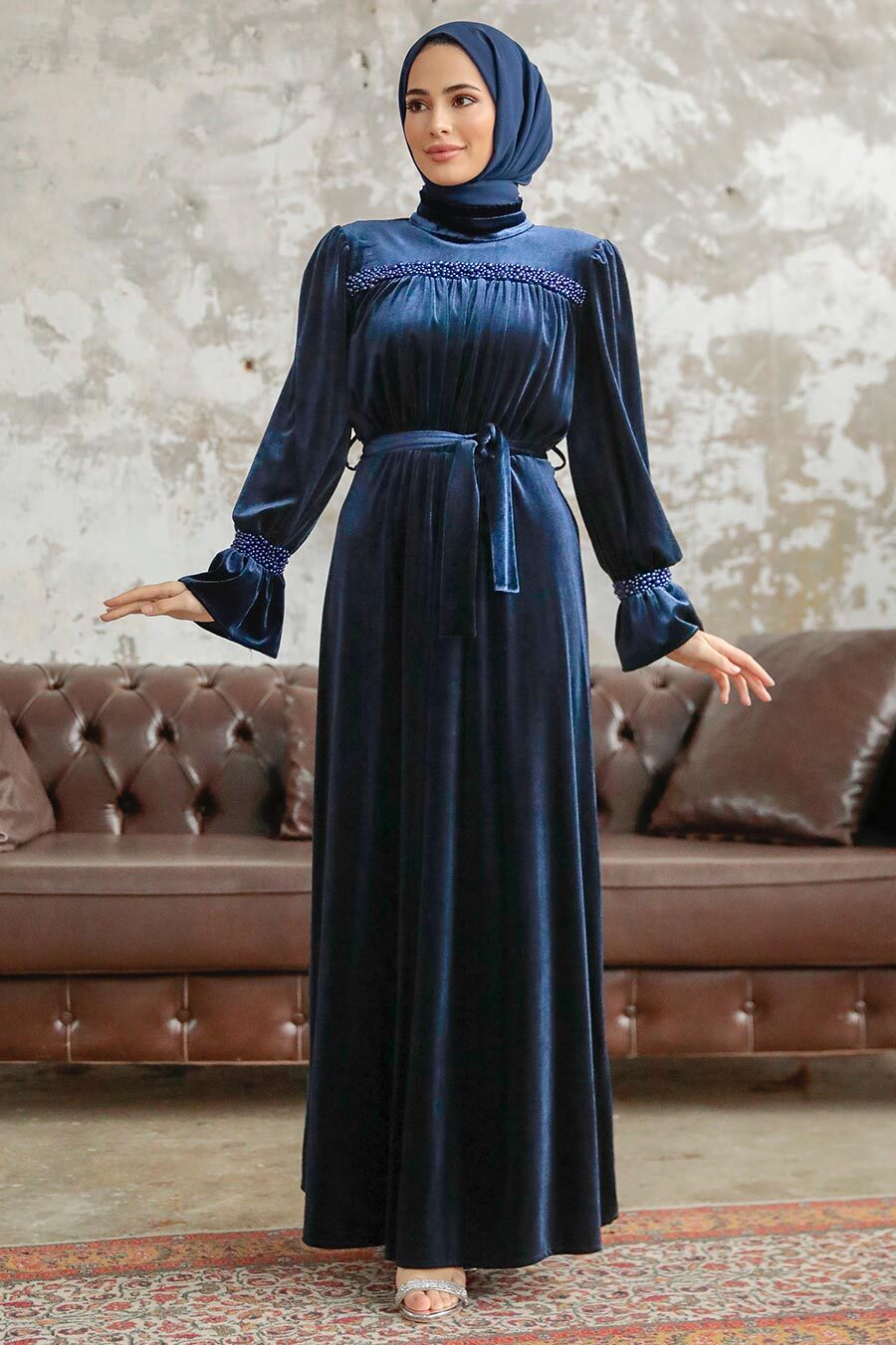 Neva Style - Navy Blue Velvet Long Dress for Muslim Ladies 37291L