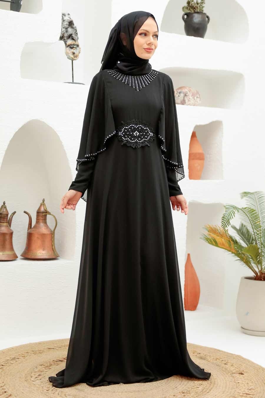 Neva Style - Pelerinli Siyah Tesettür Abiye Elbise 91501S