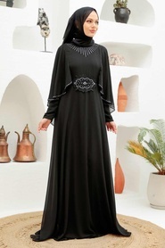 Neva Style - Pelerinli Siyah Tesettür Abiye Elbise 91501S - Thumbnail