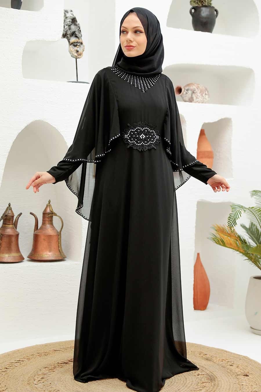 Neva Style - Pelerinli Siyah Tesettür Abiye Elbise 91501S