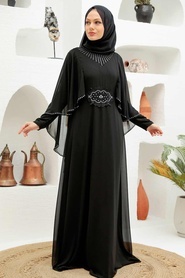 Neva Style - Pelerinli Siyah Tesettür Abiye Elbise 91501S - Thumbnail
