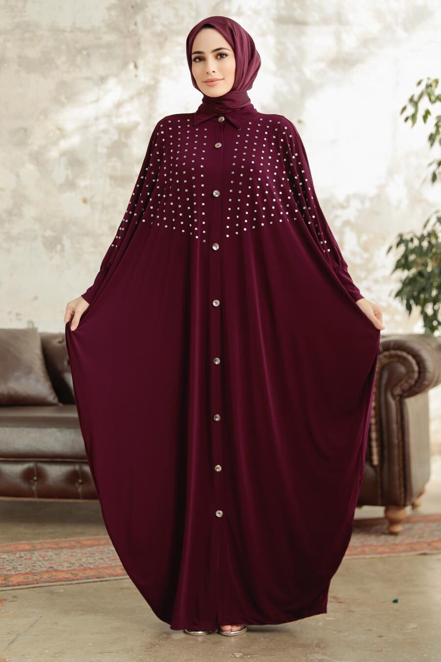 Neva Style - Plum Color Islamic Clothing Turkish Abaya 17410MU