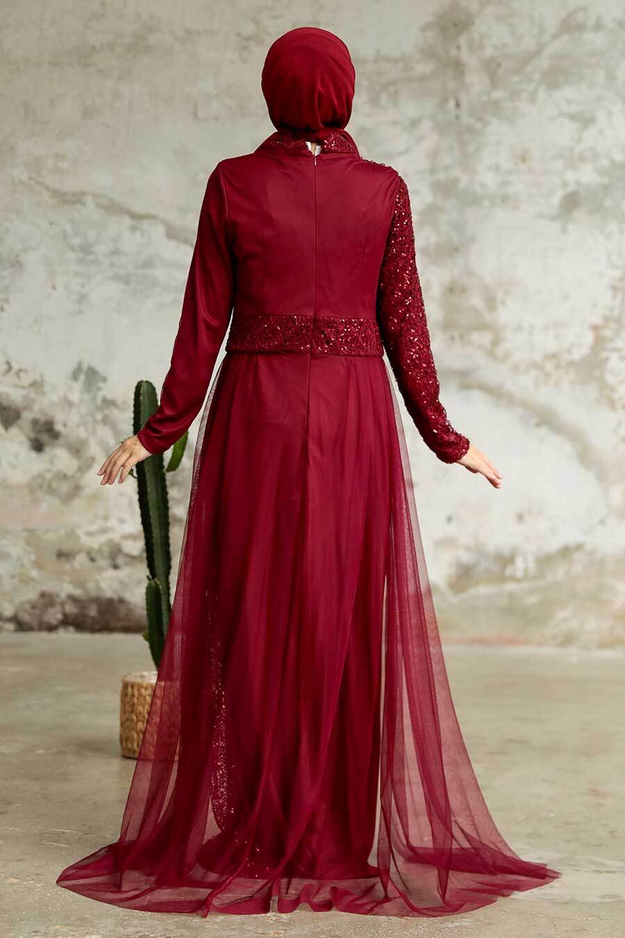 Neva Style - Plus Size Claret Red Islamic Wedding Dress 5345BR