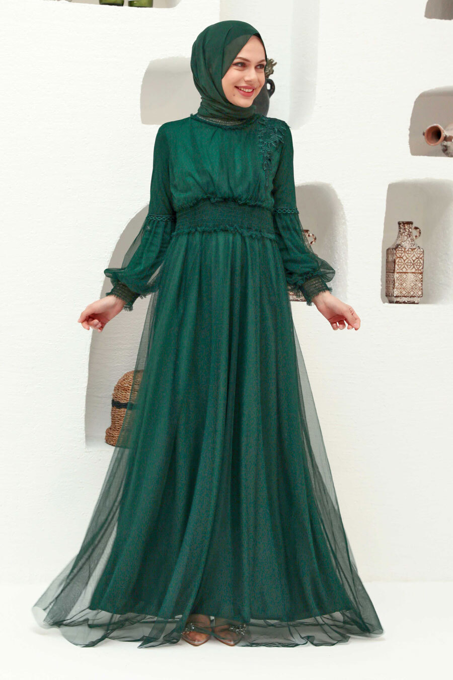 Neva Style - Plus Size Green Modest Islamic Clothing Prom Dress 56520Y