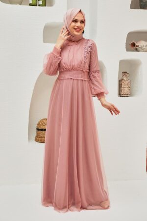 Neva Style - Plus Size Powder Pink Modest Islamic Clothing Prom Dress 56520PD - Thumbnail