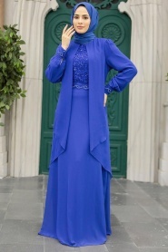 Neva Style - Plus Size Sax Blue Islamic Evening Dress 25765SX - Thumbnail