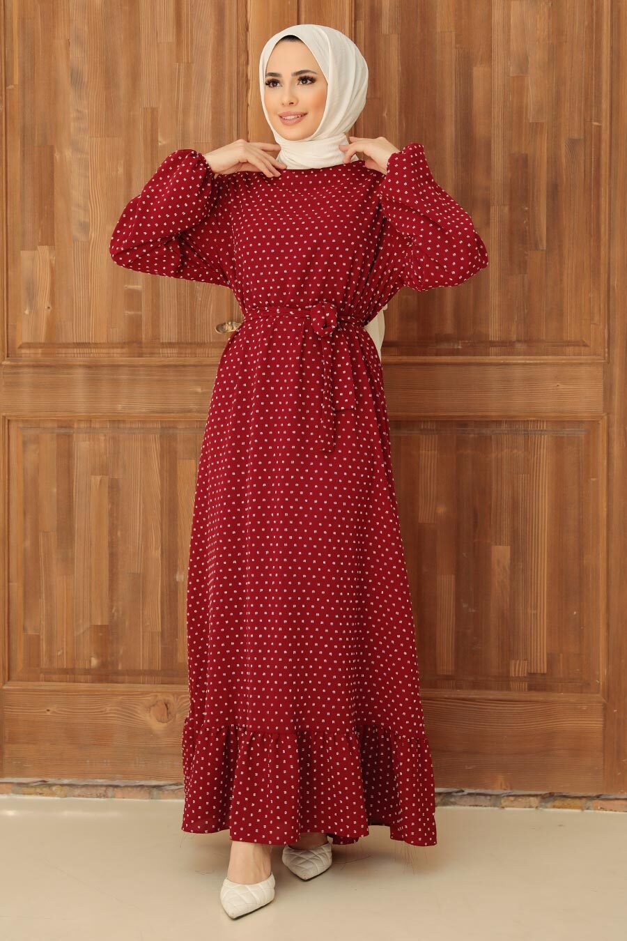 Neva Style - Puantiye Desenli Bordo Tesettür Elbise 1688BR