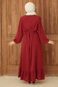 Neva Style - Puantiye Desenli Bordo Tesettür Elbise 1688BR - Thumbnail
