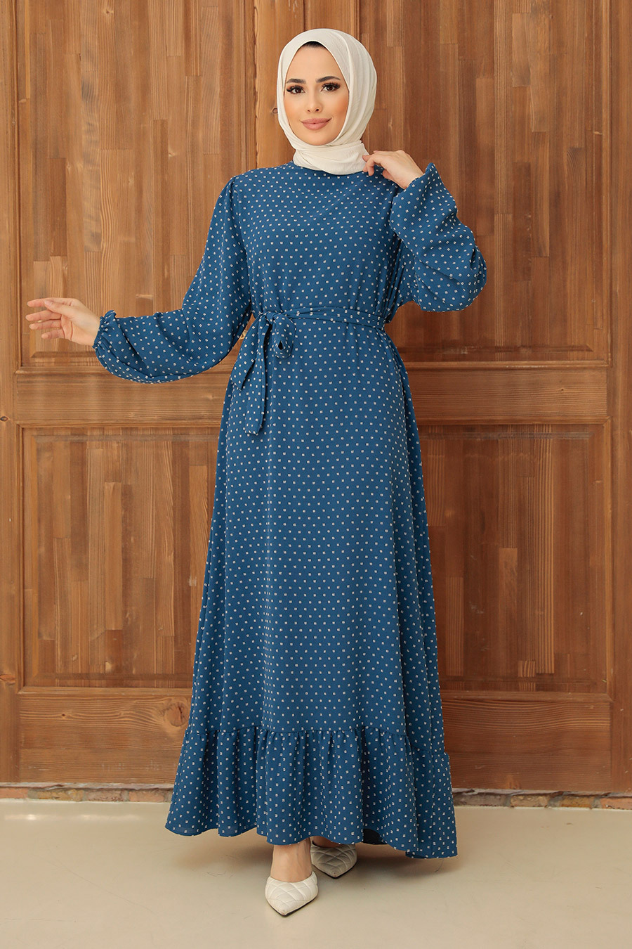 Neva Style - Puantiye Desenli İndigo Mavisi Tesettür Elbise 1688IM