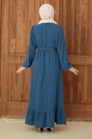 Neva Style - Puantiye Desenli İndigo Mavisi Tesettür Elbise 1688IM - Thumbnail