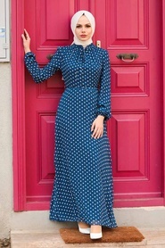 Neva Style - Puantiyeli Lacivert Tesettür Elbise 27909L - Thumbnail