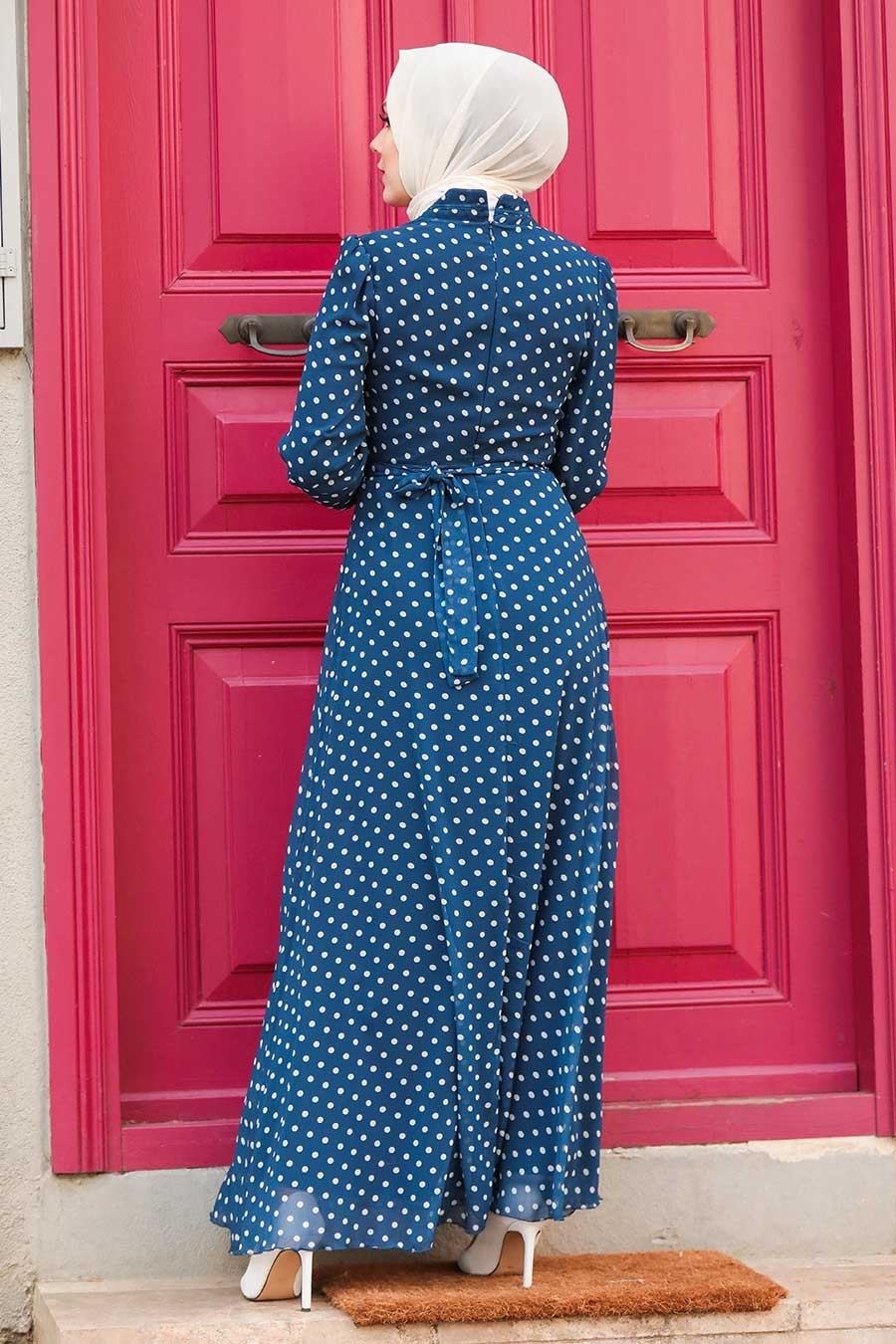 Neva Style - Puantiyeli Lacivert Tesettür Elbise 27909L