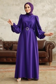 Neva Style - Purple Hijab Turkish Dress 5866MOR - Thumbnail