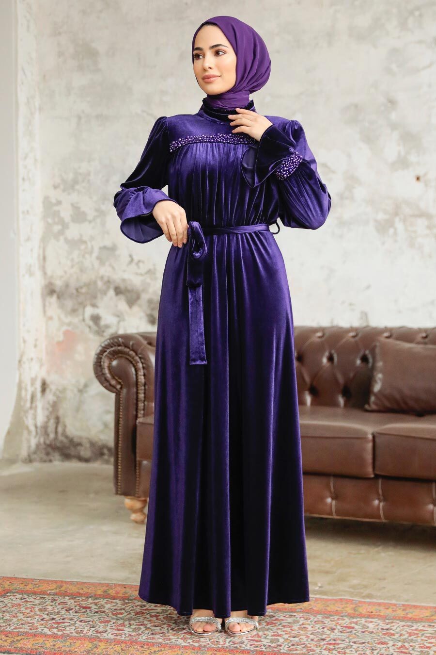 Neva Style - Purple Velvet Long Dress for Muslim Ladies 37291MOR