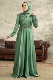 Neva Style - Satin Almond Green Islamic Wedding Dress 3967CY - Thumbnail