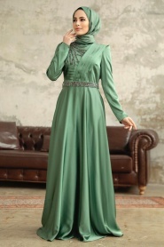 Neva Style - Satin Almond Green Islamic Wedding Dress 3967CY - Thumbnail