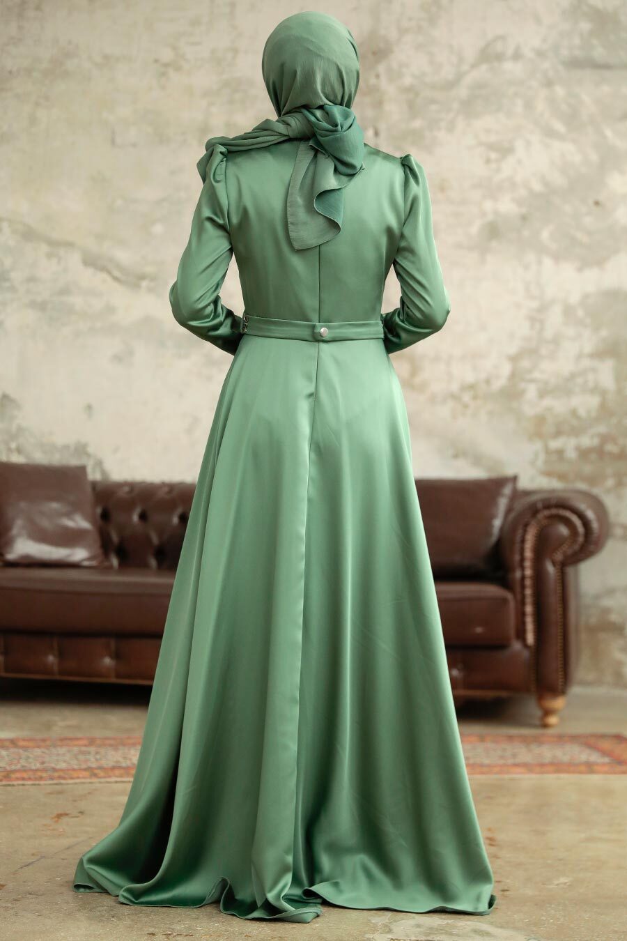 Neva Style - Satin Almond Green Islamic Wedding Dress 3967CY