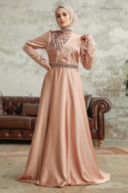 Neva Style - Satin Biscuit Islamic Wedding Dress 3967BS - Thumbnail
