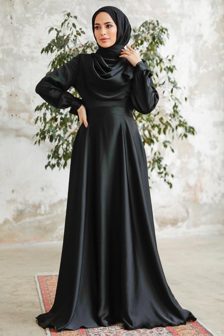 Neva Style - Satin Black Islamic Long Sleeve Maxi Dress 38031S