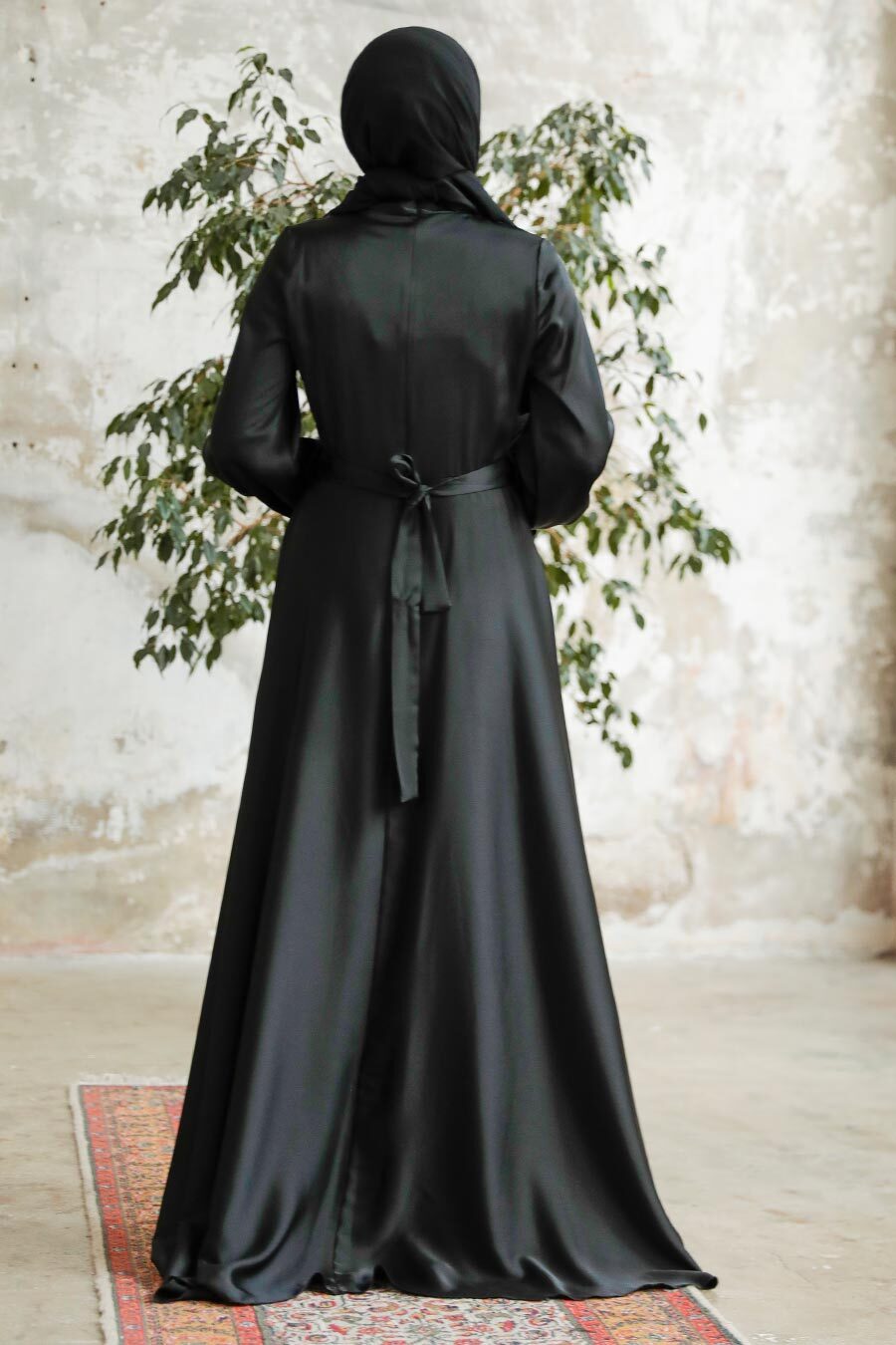 Neva Style - Satin Black Islamic Long Sleeve Maxi Dress 38031S
