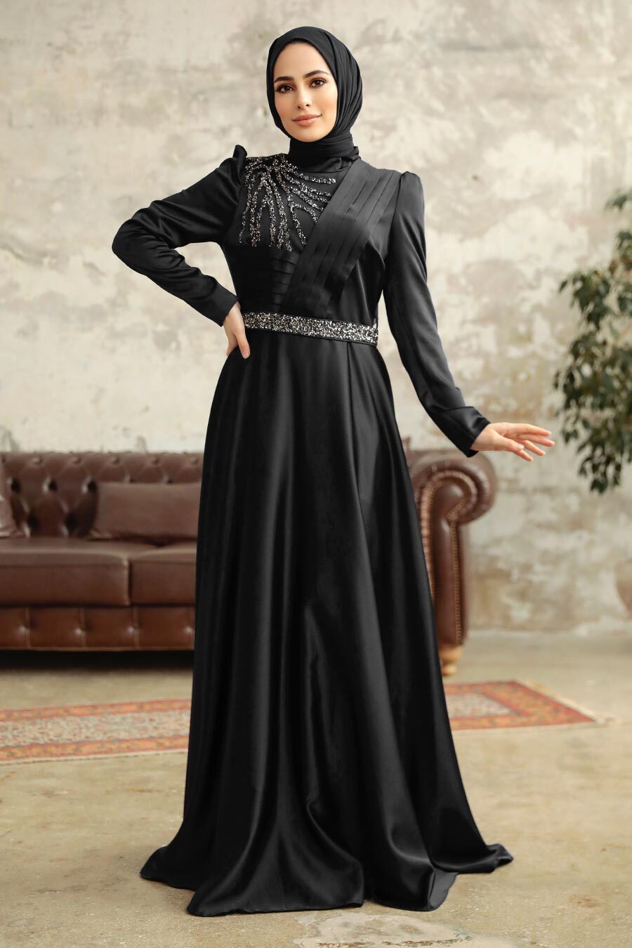 Neva Style - Satin Black Islamic Wedding Dress 3967S