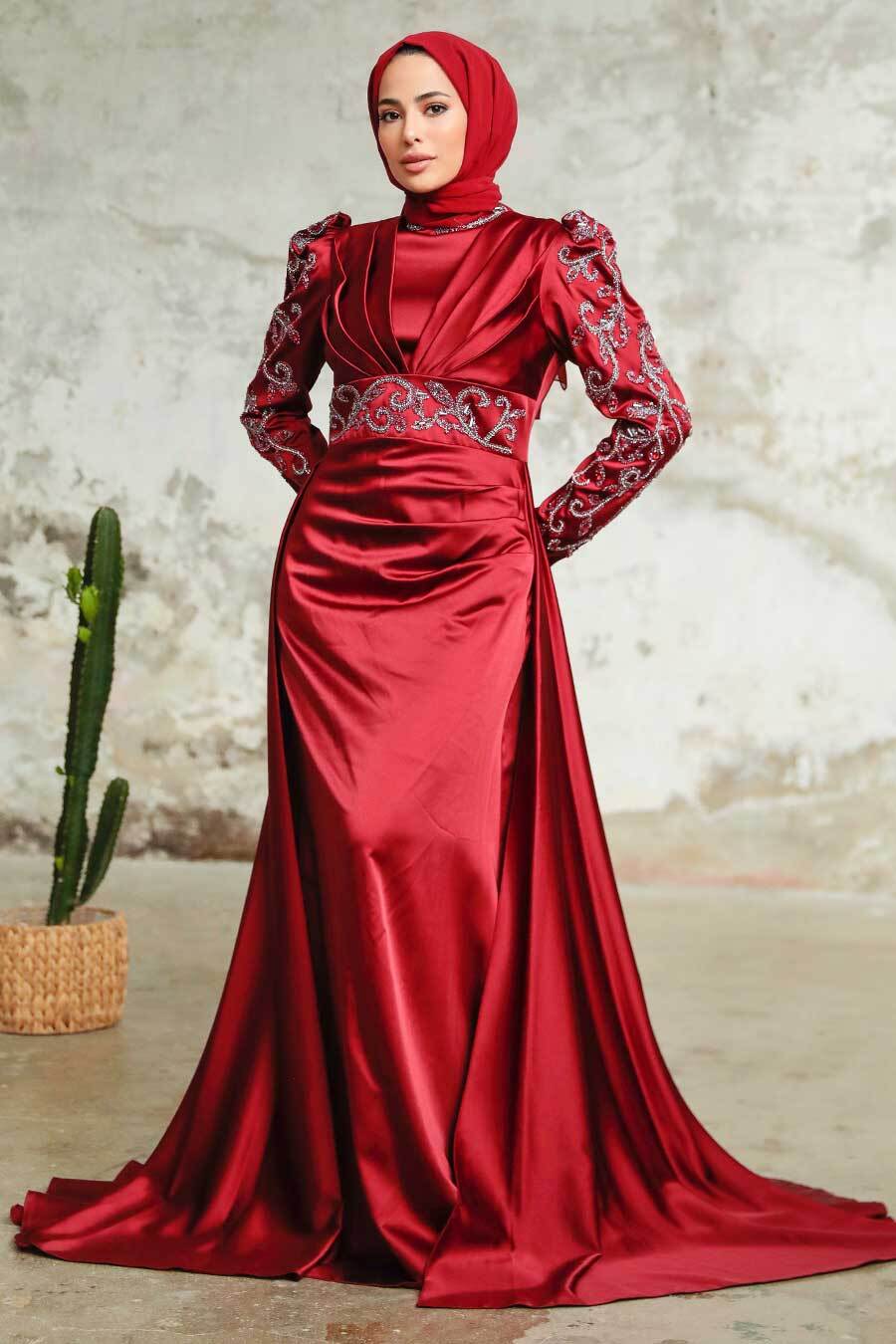 Neva Style - Satin Claret Red Islamic Clothing Wedding Dress 2282BR