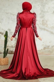 Neva Style - Satin Claret Red Islamic Clothing Wedding Dress 2282BR - Thumbnail