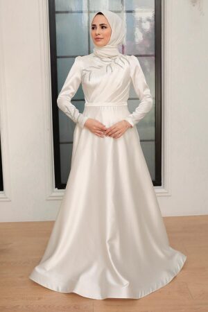 Neva Style - Satin Ecru Hijab Wedding Gown 22401E - Thumbnail