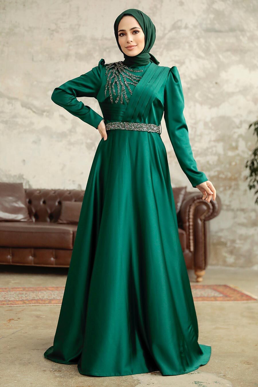 Neva Style - Satin Emerald Green Islamic Wedding Dress 3967ZY