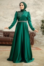 Neva Style - Satin Emerald Green Islamic Wedding Dress 3967ZY - Thumbnail