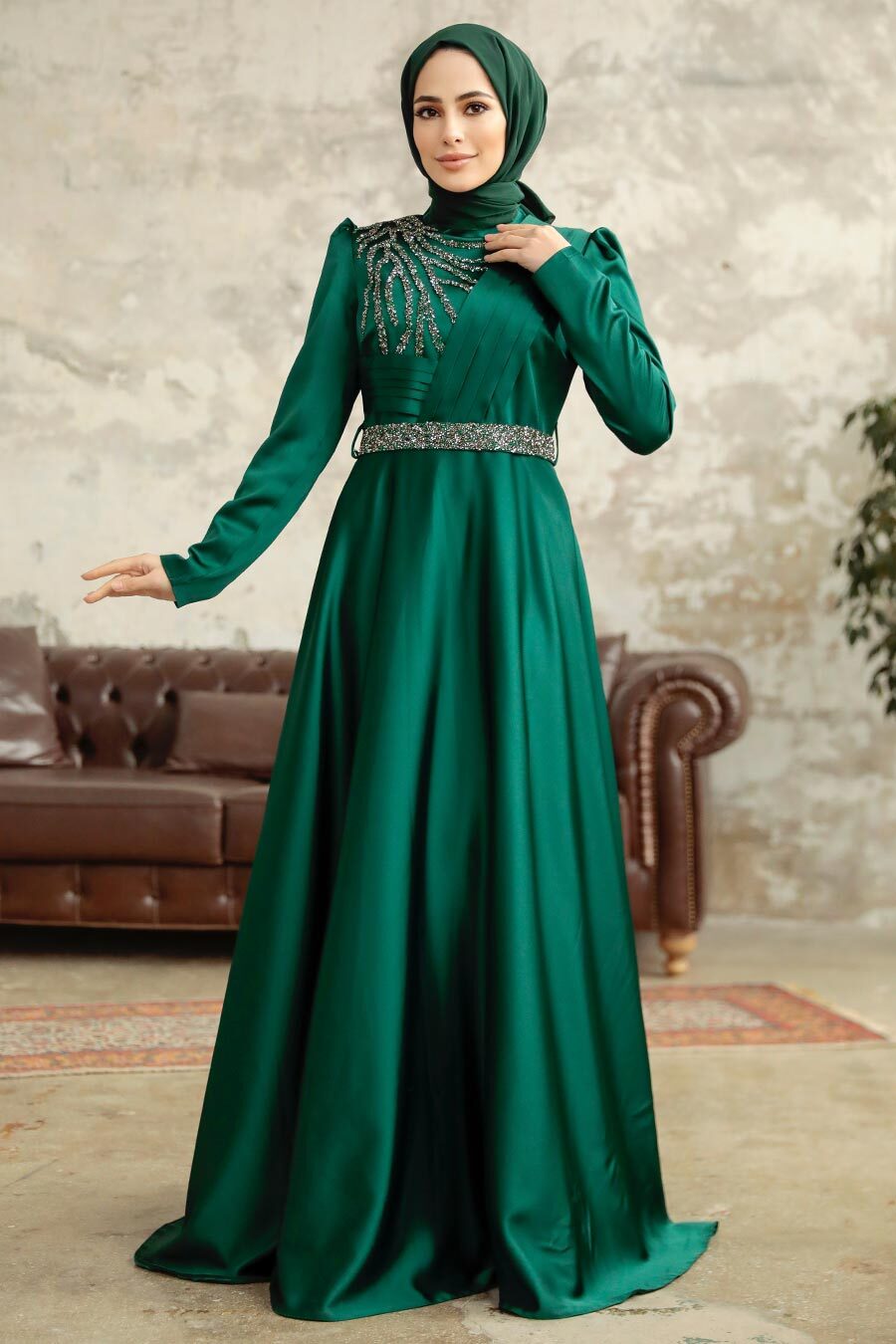 Neva Style - Satin Emerald Green Islamic Wedding Dress 3967ZY