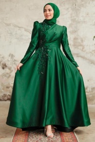Neva Style - Satin Emerald Green Muslim Engagement Dress 22460ZY - Thumbnail