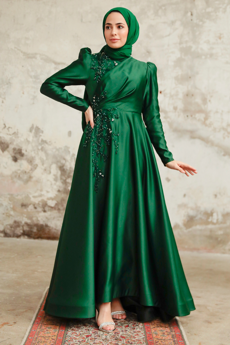 Neva Style - Satin Emerald Green Muslim Engagement Dress 22460ZY