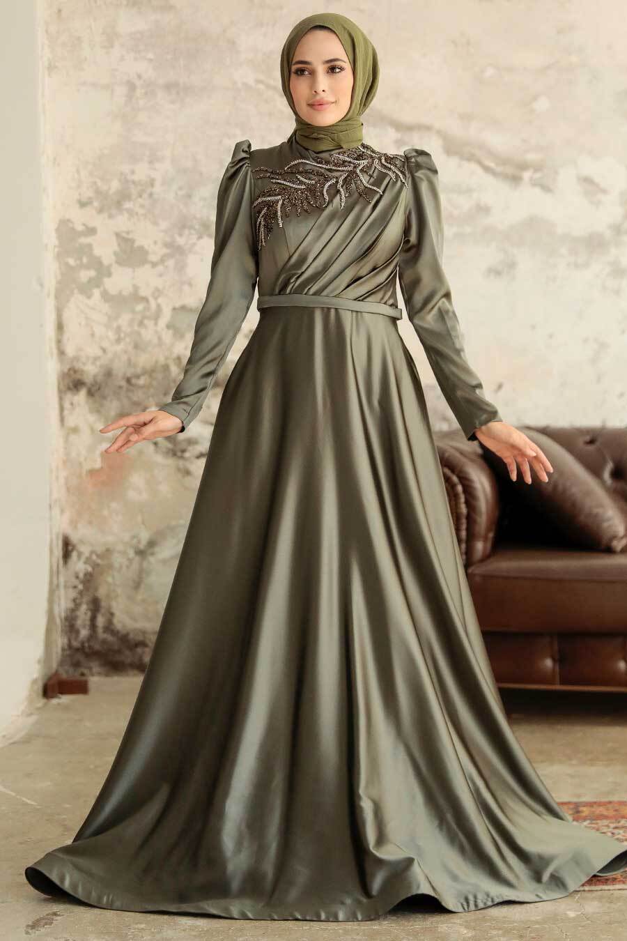 Neva Style - Satin Khaki Hijab Hijab Wedding Gown 22401HK