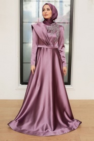 Neva Style - Satin Lila Modest Islamic Clothing Evening Dress 22441LILA - Thumbnail