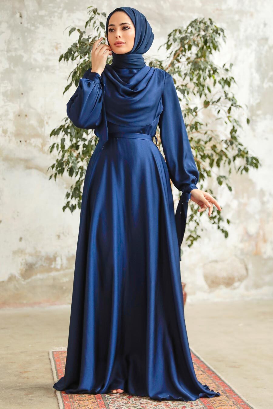 Neva Style - Satin Navy Blue Islamic Long Sleeve Maxi Dress 38031L